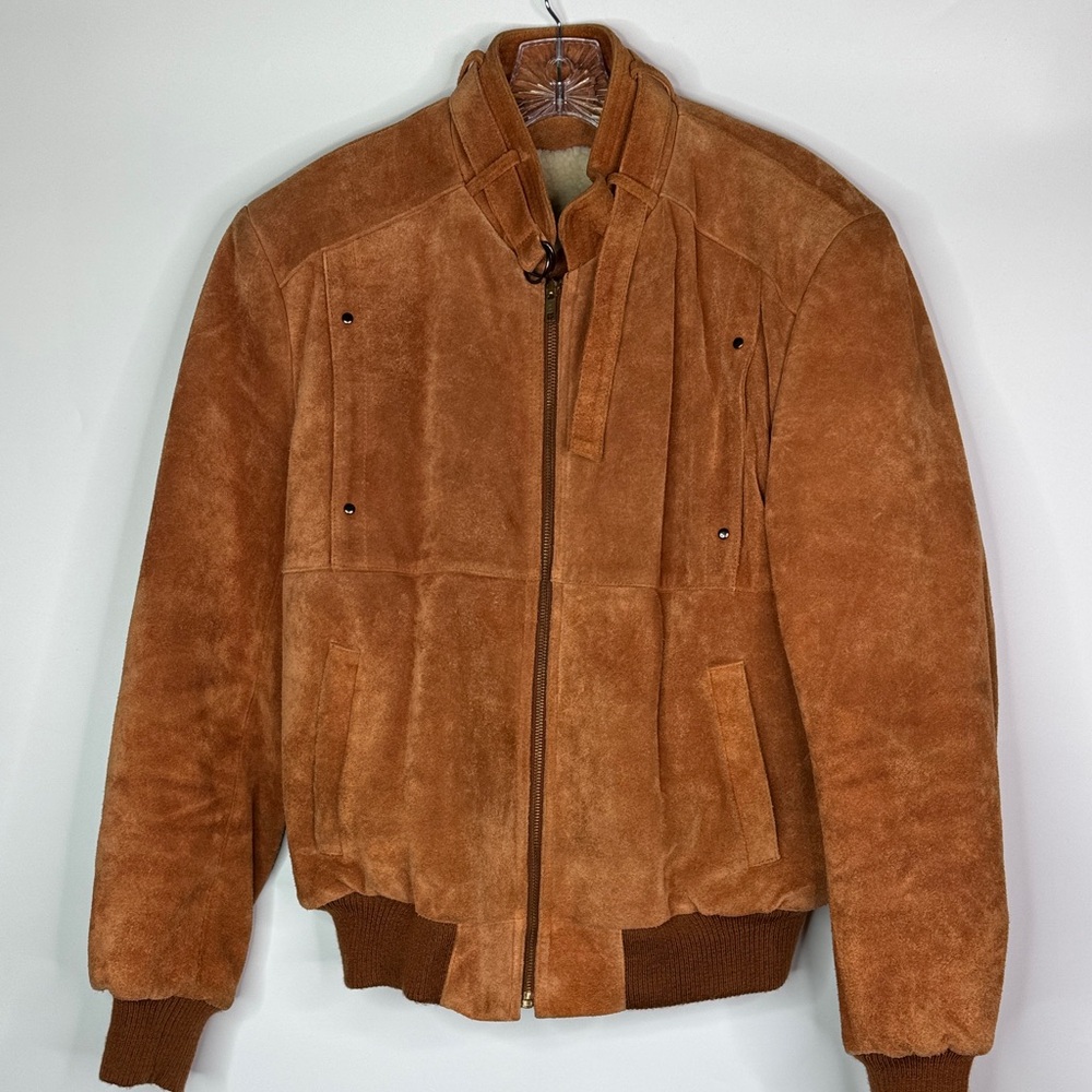 Vintage O.U.I Carmel Brown Sherpa Lined Leather Bomber Jacket Size 40